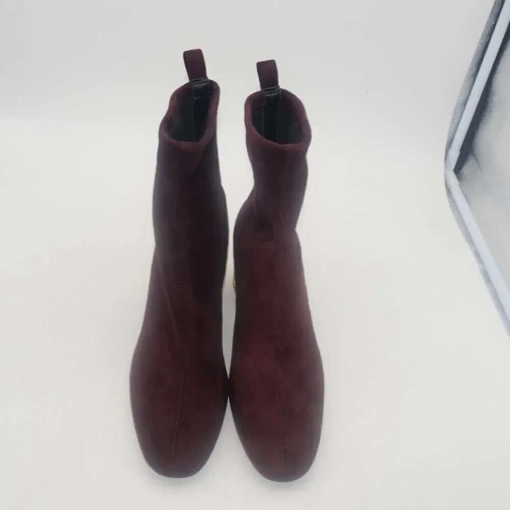 NEW Michael Kors Woman's 7.5 Porter Boots Suede Merlot Burgundy Gold Block Heel
